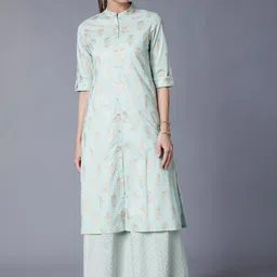 Vishudh Women Turquoise Blue & Gold-Toned Printed Kurta with Palazzos-image-52