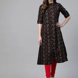 Divena Women Black & Red Cotton Ethnic Motifs Printed A-Line Kurta-picture-13