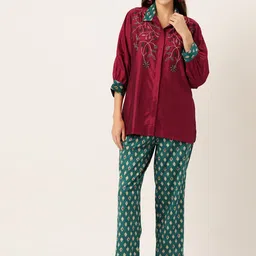 MISRI Women Floral Embroidered Cotton Shirt with Trousers-picture-29