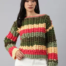 Magic Needles Women Striped Boat Neck Acrylic Pullover-image-18