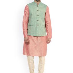KISAH Men Pink & Sea Green Self-Design Kurta with Churidar & Nehru Jacket-image-56