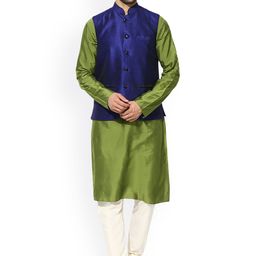 KISAH Men Green & Blue Solid Kurta with Churidar & Waistcoat-41