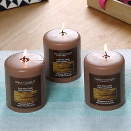 HOSLEY Set of 3 Brown Solid Rustic Sandalwood Pillar Candles-56