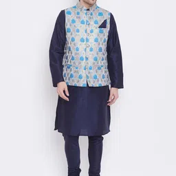 Tulsattva Men Navy Blue Solid Kurta with Pyjamas With Nehru Jacket-picture-29