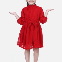 Fairies Forever Girls Red Self Design Fit and Flare Dress-image-80