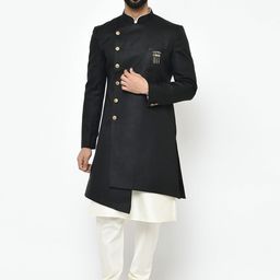 KISAH Men Black & Off-White Solid Sherwani Set-image-12