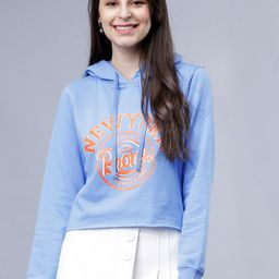 Tokyo Talkies Women Blue Printed Hooded Crop Sweatshirt-image-80