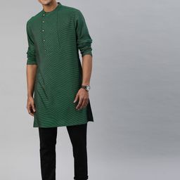 THE BEAR HOUSE Men Green Striped Straight Kurta-18