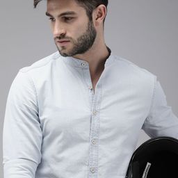 The Roadster Lifestyle Co Men White Solid Mandarin-Collar Regular Fit Casual Shirt-image-28