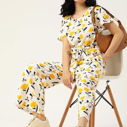 DressBerry Women White & Yellow Floral Printed Basic Jumpsuit-18