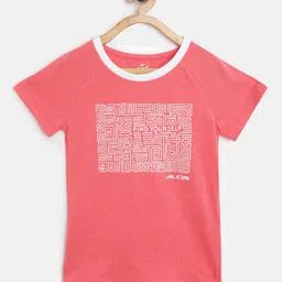 Alcis Girls Coral Pink & White Abstract Printed Round Neck T-shirt-image-4