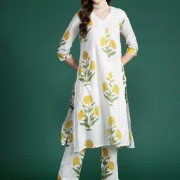 Indo Era Floral Printed Pleated Pure Cotton Kurta with Trousers-23