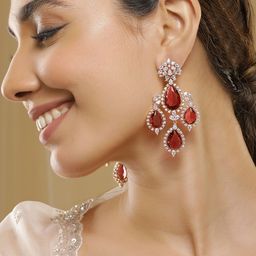Rubans 18K Gold-Plated Ruby Red & Cubic Zirconia Studded Premium Chandelier Earrings-image-72