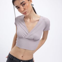glitchez Ribbed Luxe Wrap-Style Crop Fitted Top-image-30