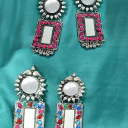 FIMBUL Set of 2 Silver-Plated Oxidised Rectangle Shaped Stone Studded Drop Earrings-6
