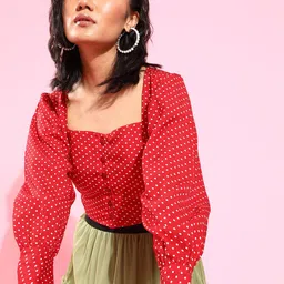 U&F Women Red & White Polka Dot Print Sweetheart Neck Power Shoulders Crop Top-picture-23