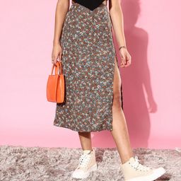 StyleStone Grey Floral Peekaboo Slit Skirt-image-78