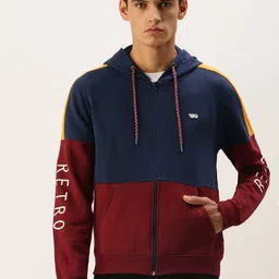 Flying Machine Men Maroon & Navy Blue Colourblocked Hooded Sweatshirt-image-30