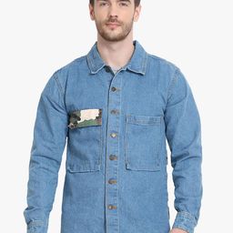 Kotty Men Blue & Green Camouflage Printed Denim Jacket-image-55