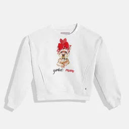 Monte Carlo Girls White & Beige Graphic Printed Sweatshirt with Bow Applique Detail-image-89