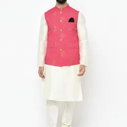 KISAH Men Off-White & Pink Solid Kurta with Churidar & Nehru Jacket-20