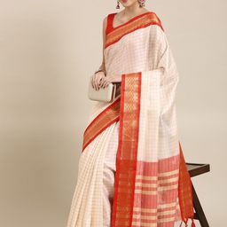 KALINI White & Red Checked Zari Silk Cotton Saree-image-81