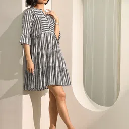 Libas Print Bell Sleeve Layered Fit & Flare Dress-image-11