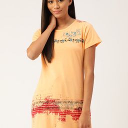 BROOWL Women Yellow & Black Floral Printed Pure Cotton Longline Lounge T-Shirt-30