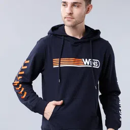 LOCOMOTIVE Men Navy Blue & Orange Printed Hooded Sweatshirt-7