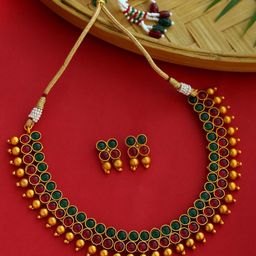 Shoshaa Gold-Plated Green & Red Stone-Studded Handcrafted Jewellery Set-image-53