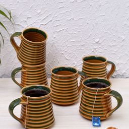 Unravel India Set Of 6 Brown & Green Textured Handmade Ceramic Cups-13