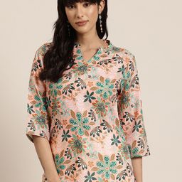 HERE&NOW Floral Print Mandarin Collar Kurti-image-103