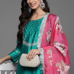 Varanga Floral Yoke Design Regular Thread Work Kurta with Trousers & With Dupatta image 1