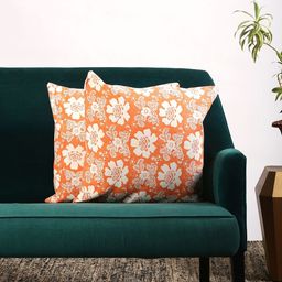 Contrast Living Set Of 2 White & Orange Floral Print Square Cushion Cover-27