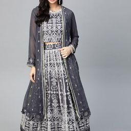 WISHFUL by W Women Grey & White Printed Crop Top with Skirt & Open-Front Ethnic Jacket-28