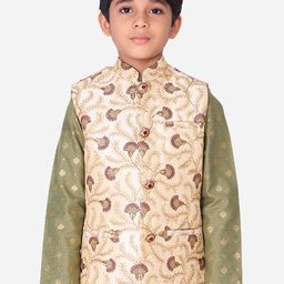 NAMASKAR Boys Beige & Maroon Zari Embroidered Woven Design Nehru Jacket-31