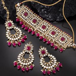 Peora Gold-Plated & Red Kundan Studded Choker Jewellery set-picture-41