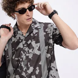 glitchez Camouflage Printed Relaxed Fit Shirt With Striped Detail-image-17