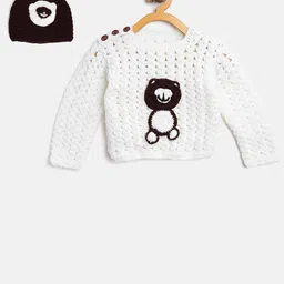 CHUTPUT Kids Off-White & Coffee Brown Open Knit Cardigan with Beanie-image-41