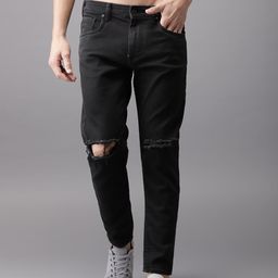 HERE&NOW Men Black Slim Fit Mid-Rise Cropped Slash Knee Stretchable Jeans-image-61