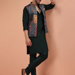 KISAH Mandarin Collar Straight Kurta With Printed Nehru Jacket Churidar Set-image-24