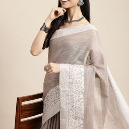 SANGAM PRINTS Beige Embroidered Linen Blend Saree-image-24