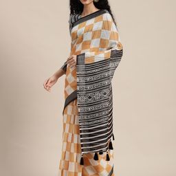 Anouk Yellow & White Checked Beads and Stones Pure Linen Saree-31
