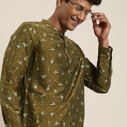 Taavi Men Mustard Yellow Handblock Geometric Printed Ethnic Kurta-95