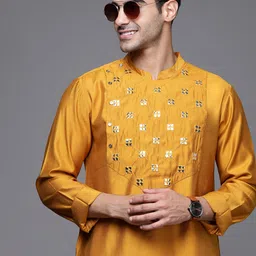 Indo Era Men Mustard Yellow Yoke Design Mirror Work Liva Kurta-picture-0