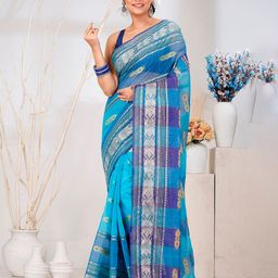 PuJoy Ethnic Motifs Zari Pure Cotton Taant Saree-picture-35