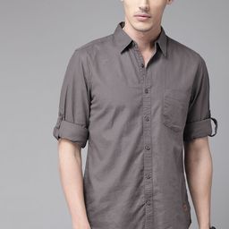 Roadster Men Charcoal Grey with a Tinge of Brown Pure Cotton Solid Sustainable Casual Shirt-image-80