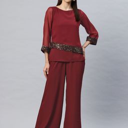 Cottinfab Embellished Top with Palazzos Co-Ord Set-picture-1
