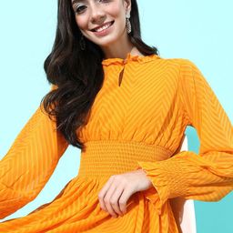 plusS Women Stylish Mustard Striped Chevron Printed Dress-picture-3