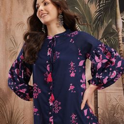Sangria Floral Print Puff Sleeve Ethnic Shirt Midi Dress-image-33